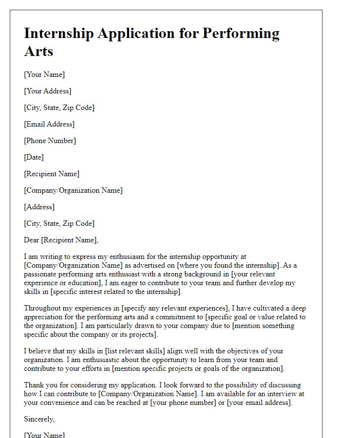 Letter template of internship application for performing arts enthusiasts.