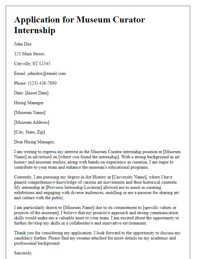 Letter template of internship application for museum curator position.