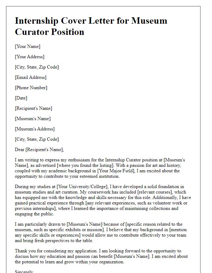 Letter template of internship cover letter for museum curator position.