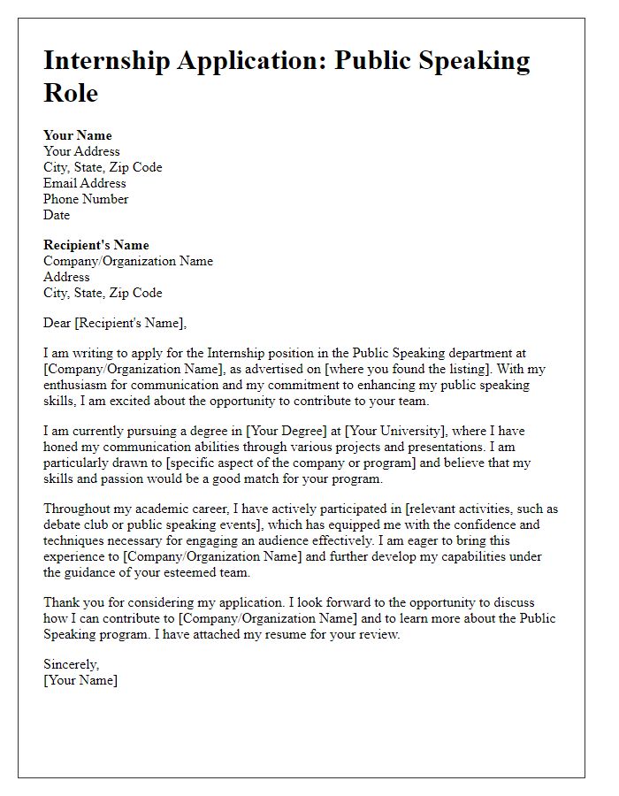 Letter template of internship application for an engaging public speaking role