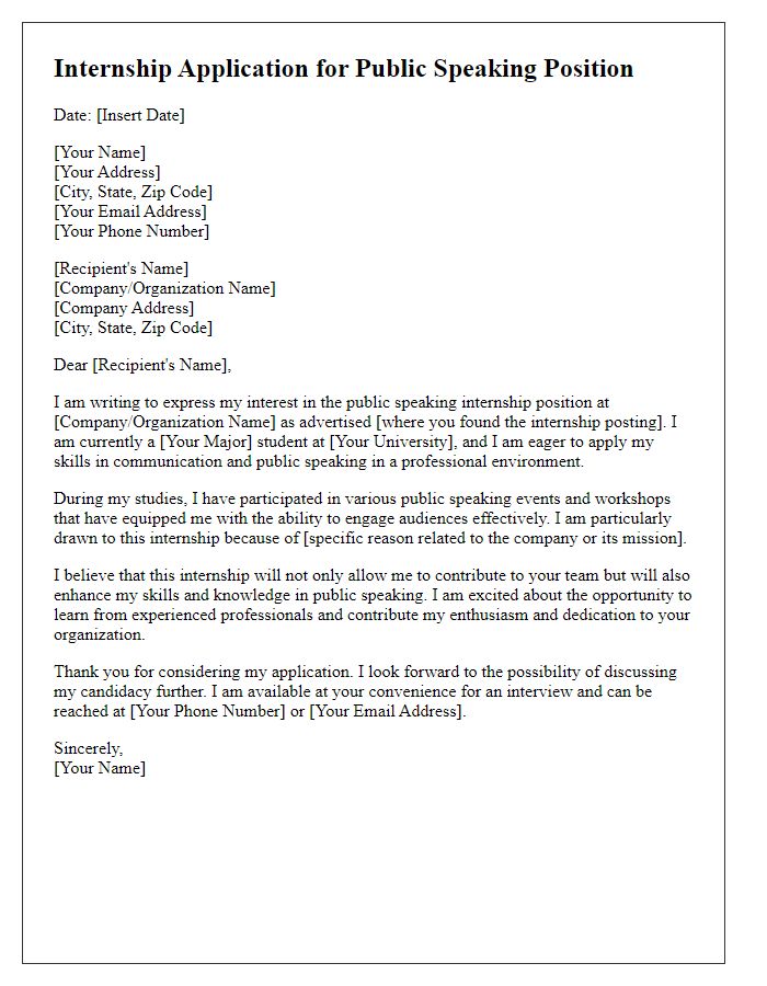 Letter template of internship application for a public speaking position