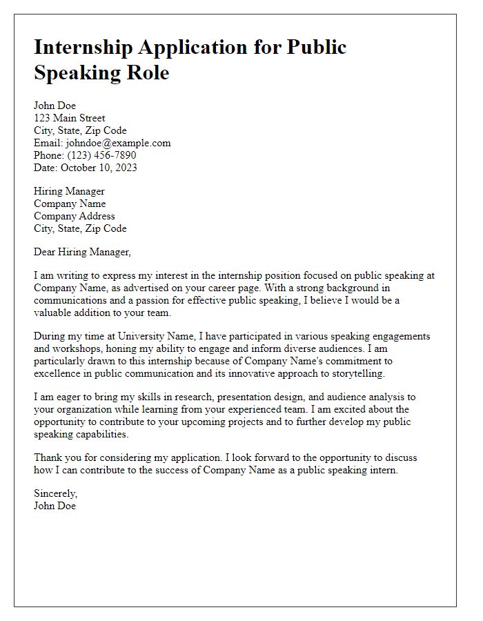 Letter template of internship application for a role focused on public speaking