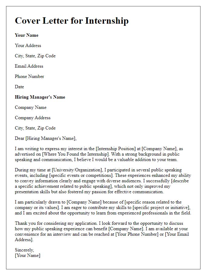 Letter template of internship cover letter for public speaking experience