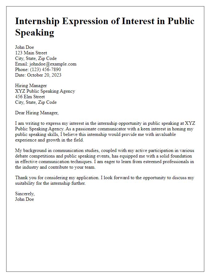 Letter template of internship expression of interest in public speaking