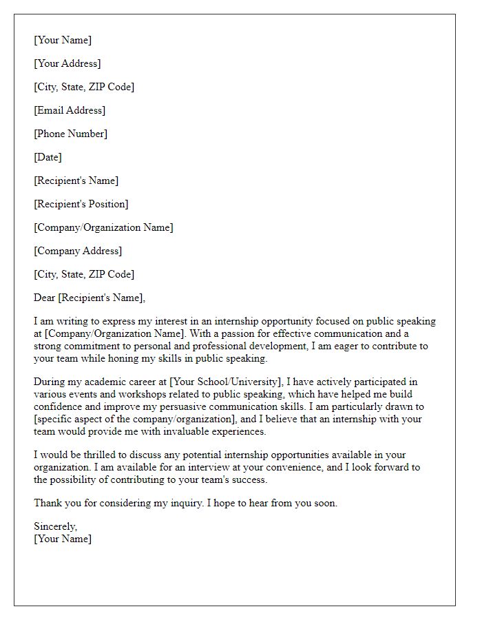 Letter template of internship inquiry for a public speaking opportunity