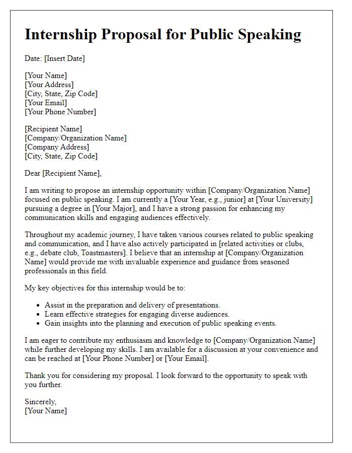 Letter template of internship proposal for a public speaking internship