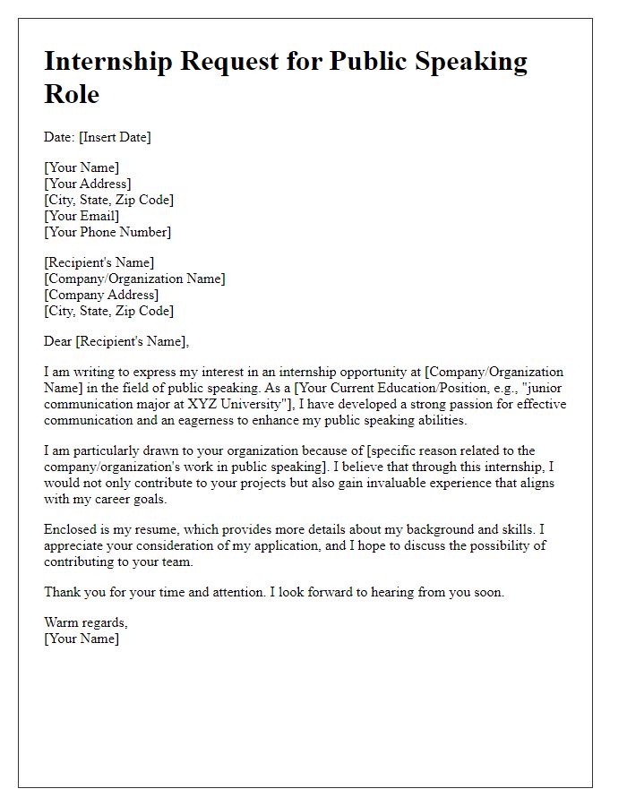 Letter template of internship request for a role in public speaking