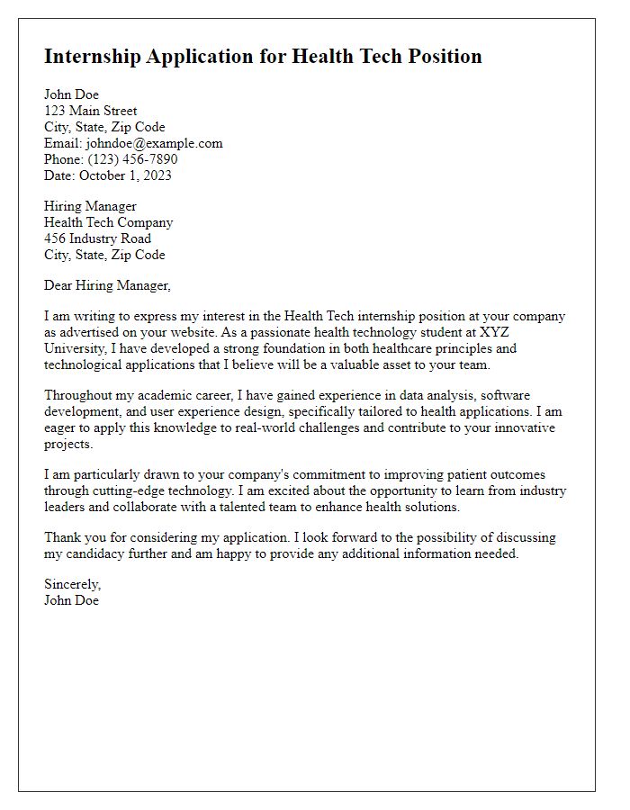 Letter template of applying for an internship in health tech