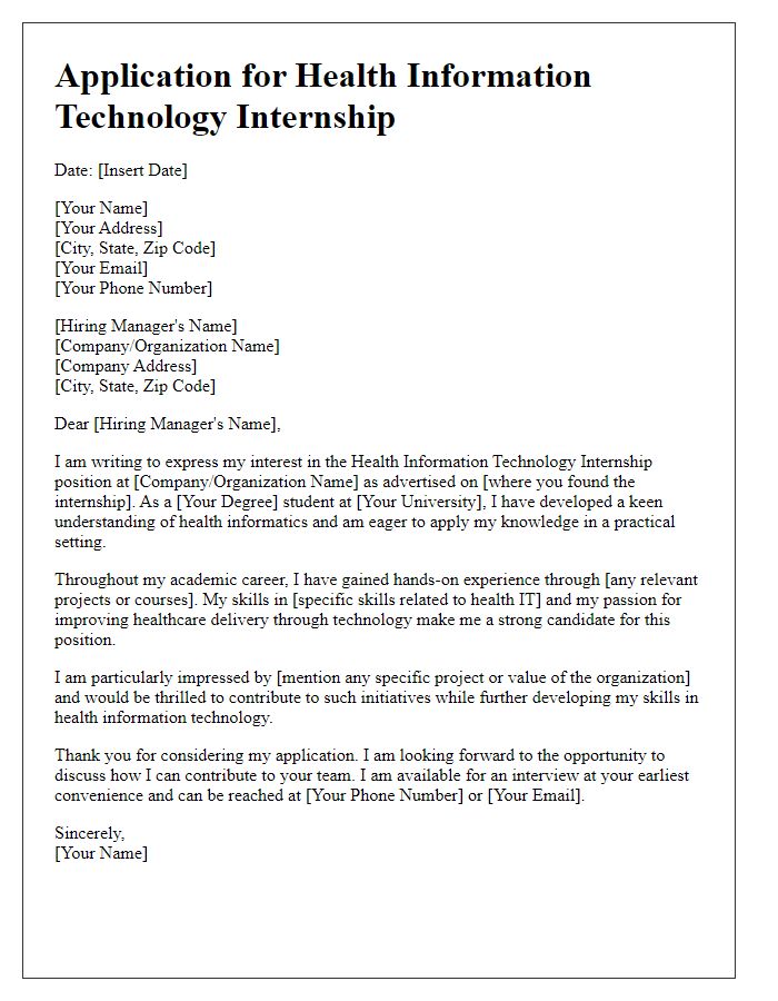 Letter template of health information technology internship application