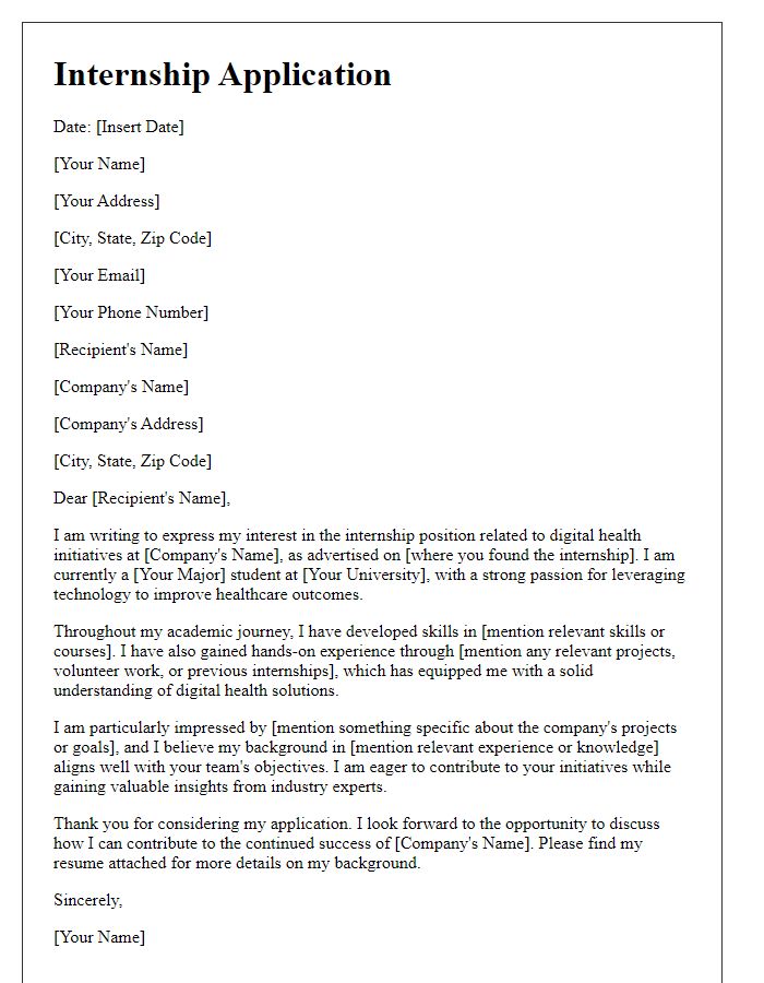 Letter template of internship application for digital health initiatives