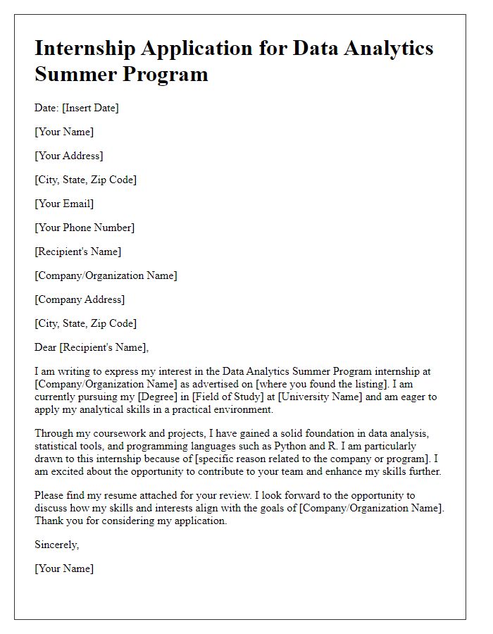 Letter template of internship application for a data analytics summer program