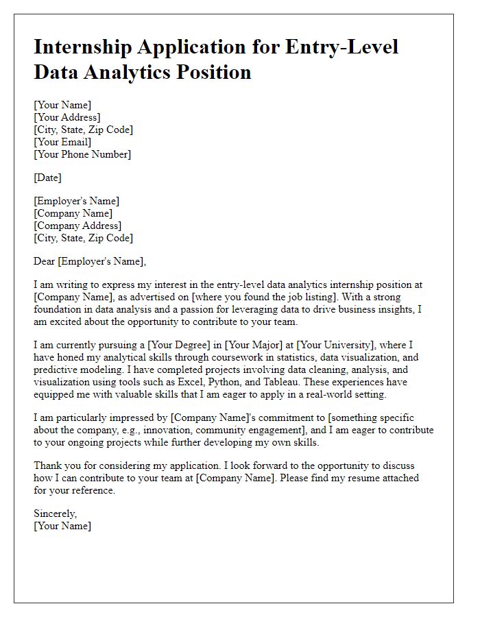 Letter template of internship application for entry-level data analytics position