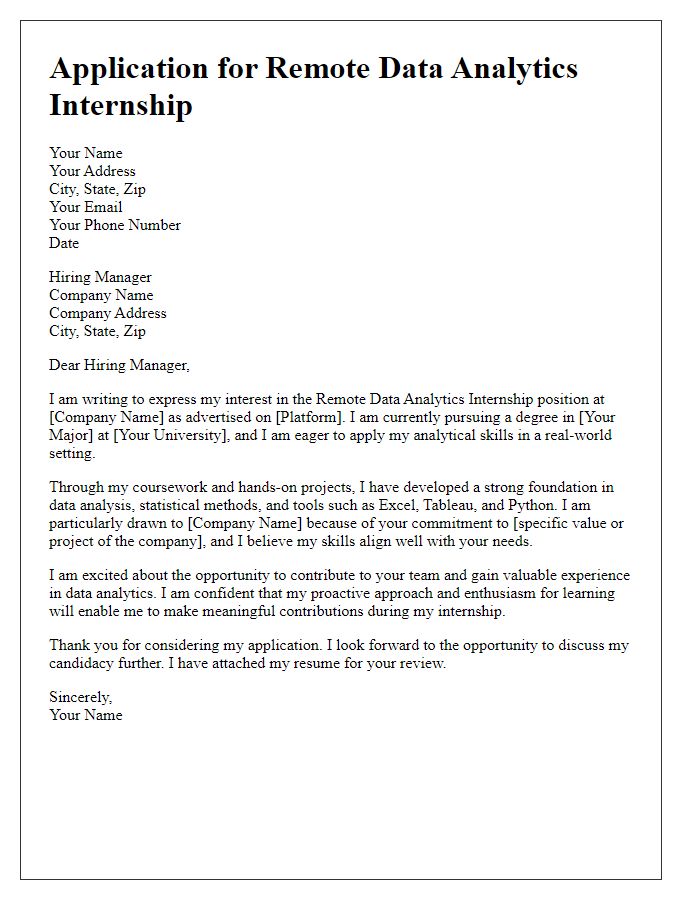 Letter template of internship application for remote data analytics internship