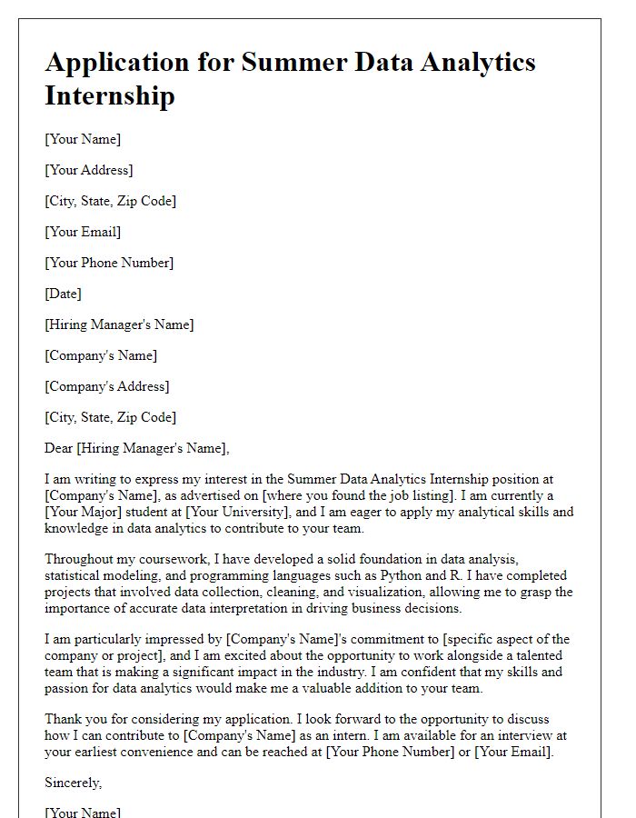 Letter template of internship application for a summer data analytics internship