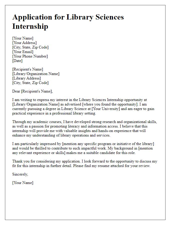 Letter template of application for library sciences internship opportunity