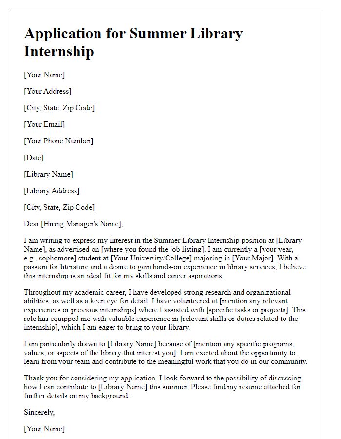 Letter template of application for summer library internship