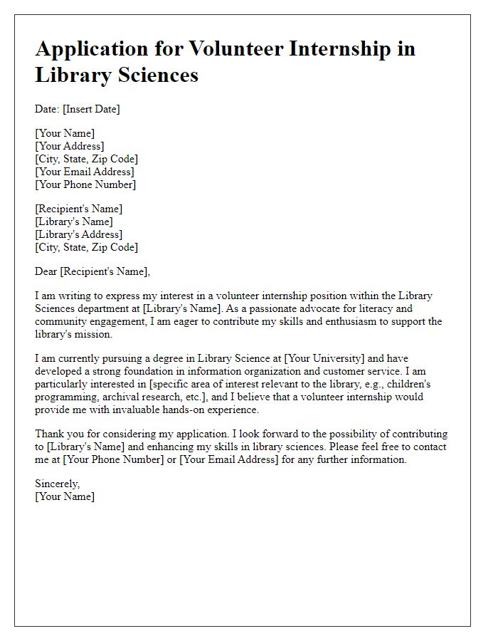 Letter template of application for volunteer internship in library sciences