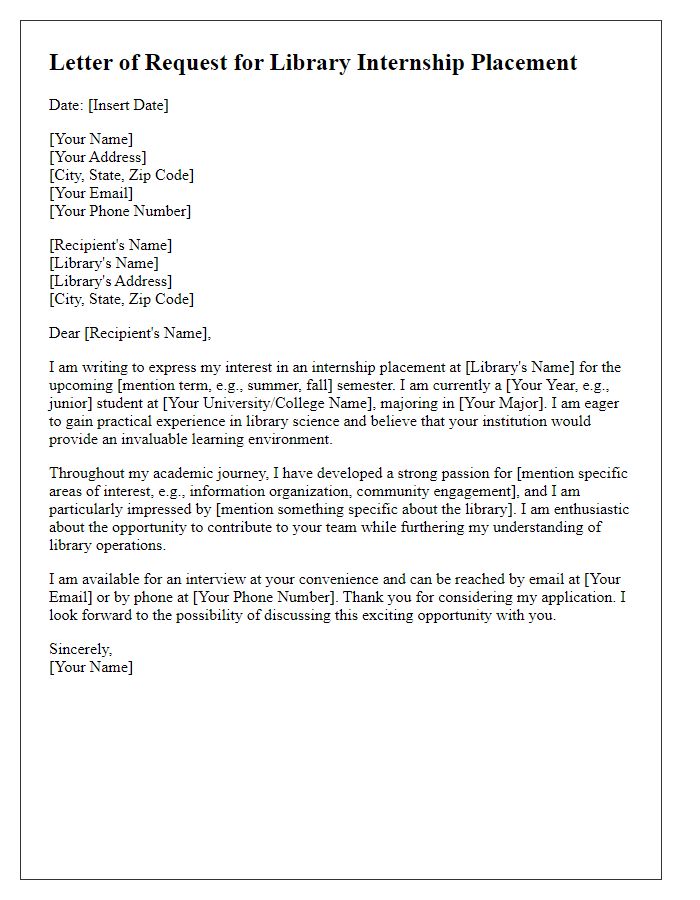 Letter template of formal request for library internship placement