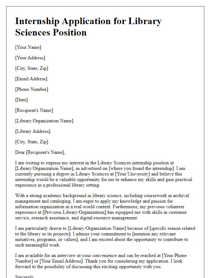 Letter template of internship application for library sciences position