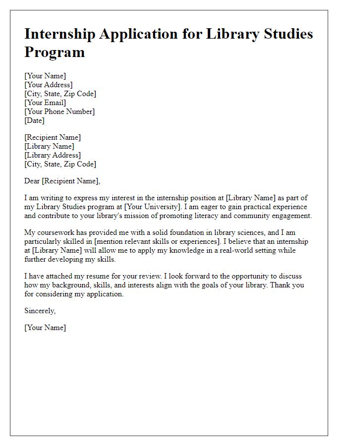 Letter template of internship application for library studies program