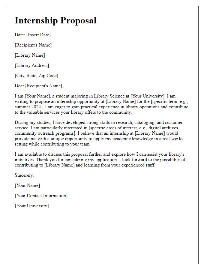 Letter template of internship proposal for library science major