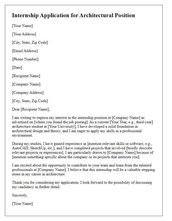 Letter template of internship application for architectural firm position.