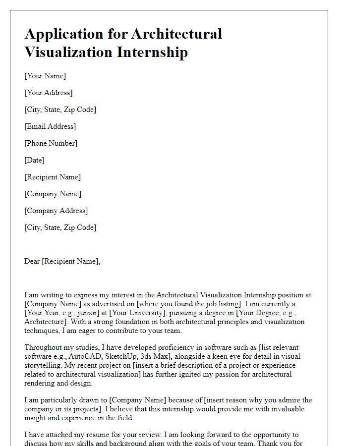 Letter template of internship application for architectural visualization internship.