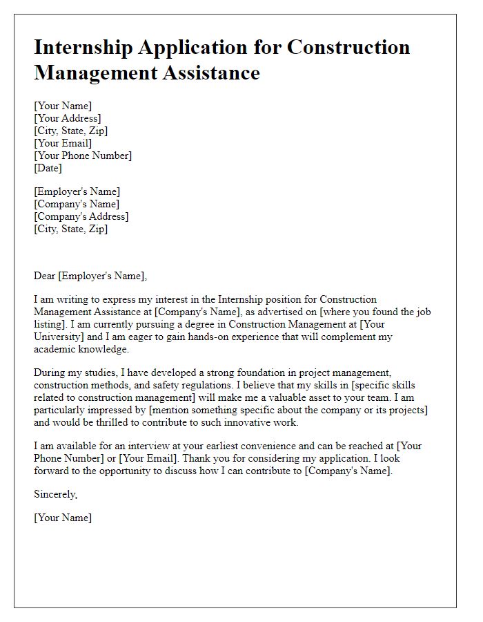 Letter template of internship application for construction management assistance.