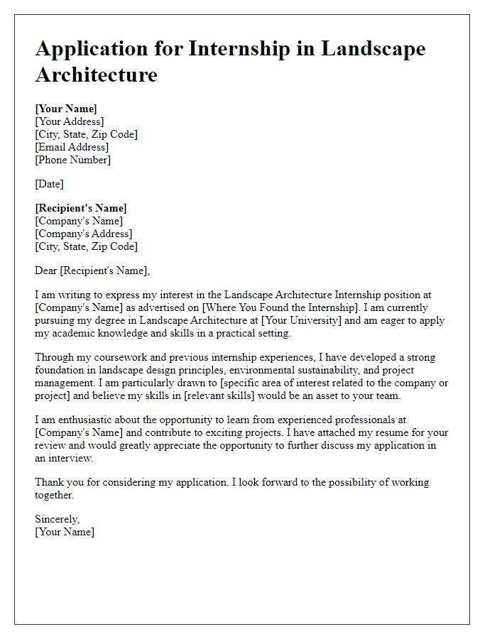 Letter template of internship application for landscape architecture role.