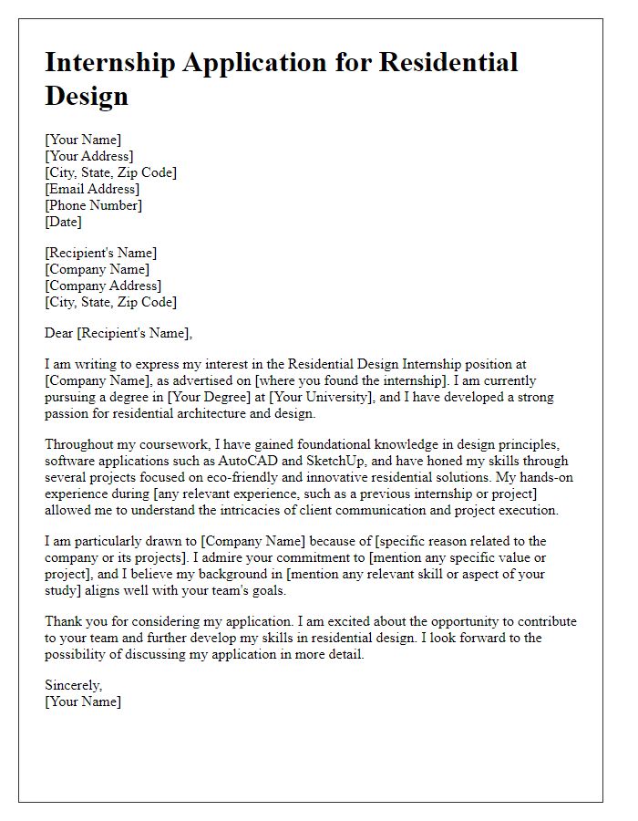 Letter template of internship application for residential design internship.