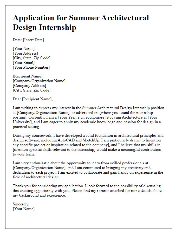 Letter template of internship application for summer architectural design experience.