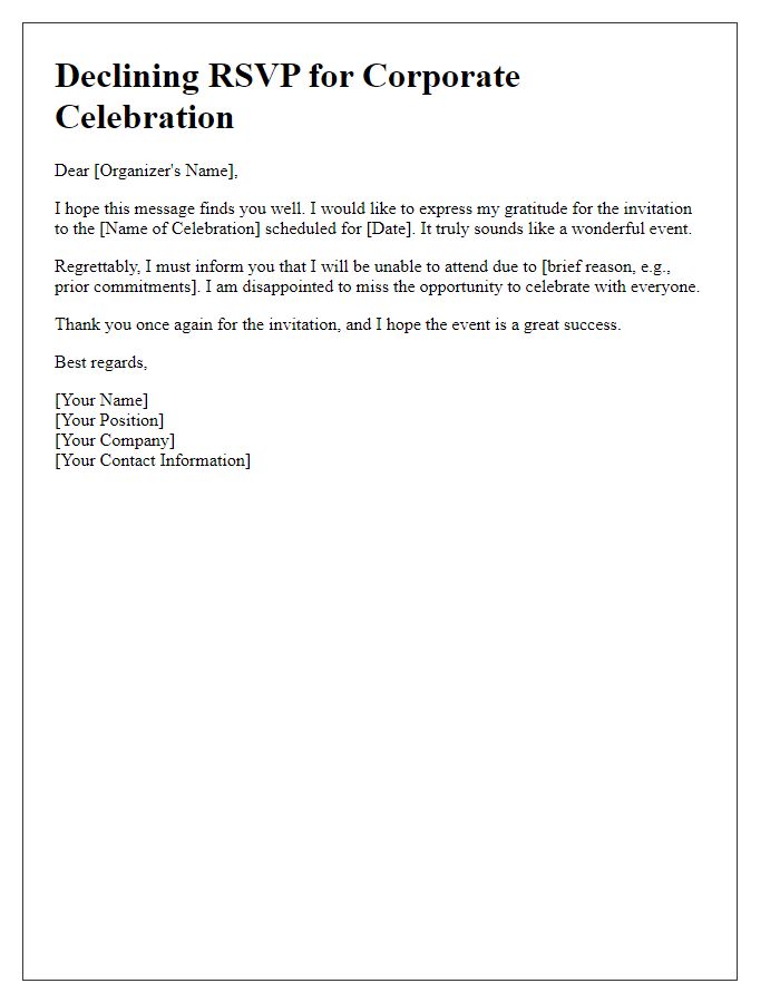 Letter template of declining RSVP for a corporate celebration