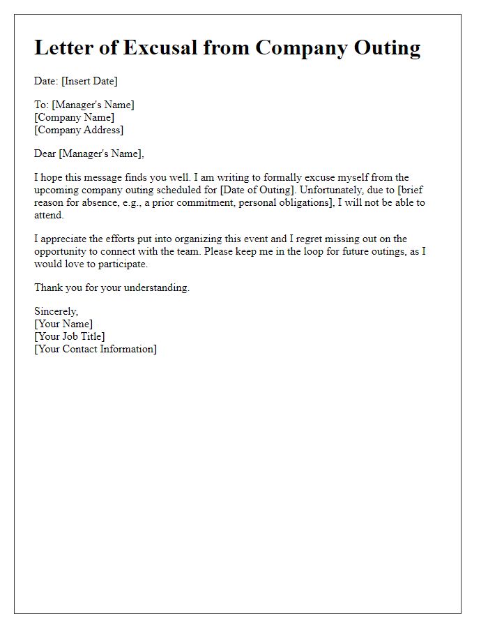 Letter template of excusing oneself from a company outing