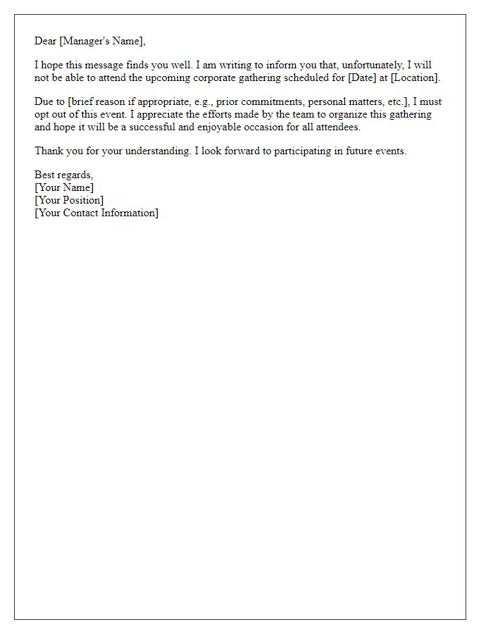 Letter template of informing management about opting out of a corporate gathering