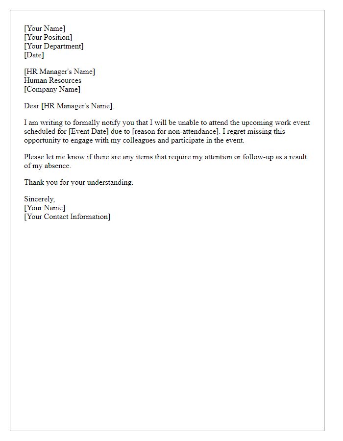 Letter template of notifying HR about non-attendance at a work event