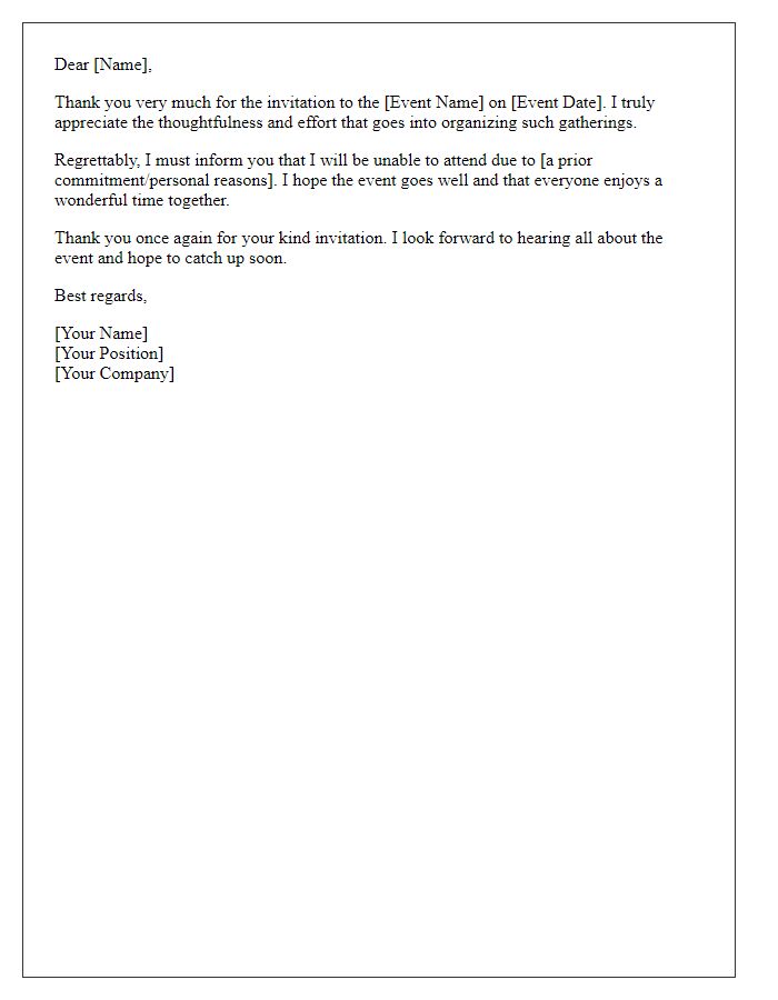 Letter template of politely declining an invitation to a company event