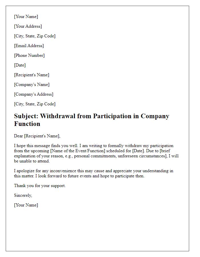 Letter template of withdrawing from participation in a company function