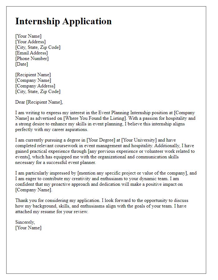 Letter template of internship application for event planning in hospitality