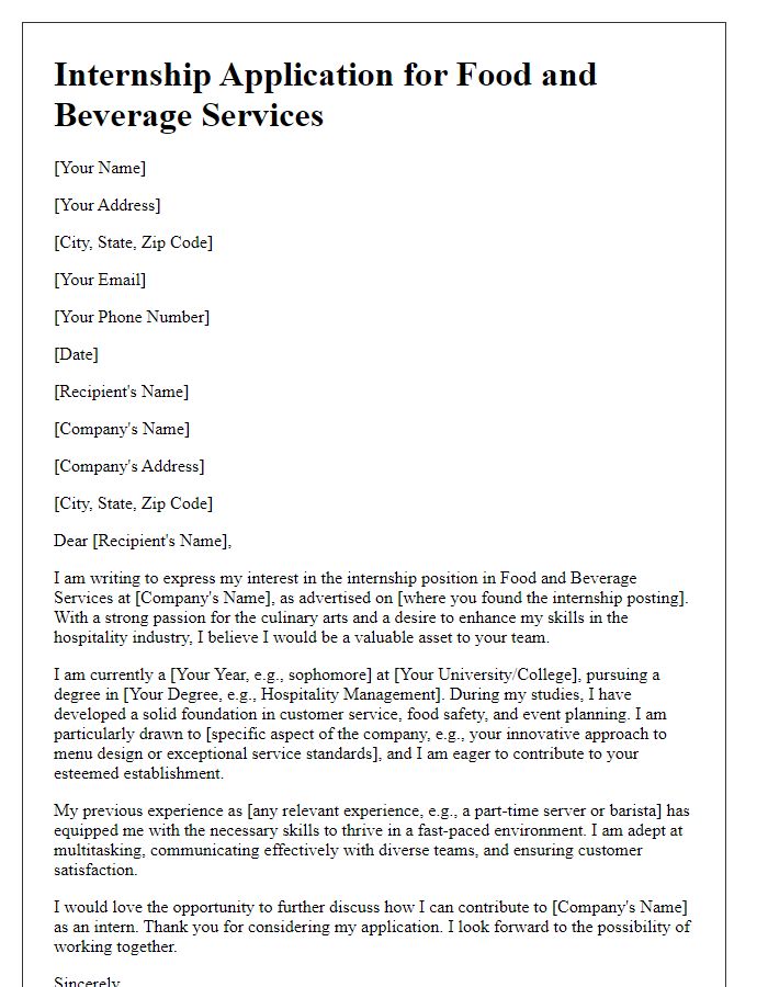 Letter template of internship application for food and beverage services