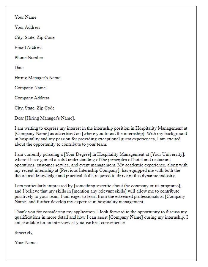 Letter template of internship application for hospitality management position