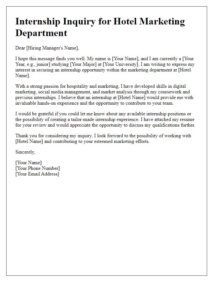 Letter template of internship inquiry for hotel marketing department