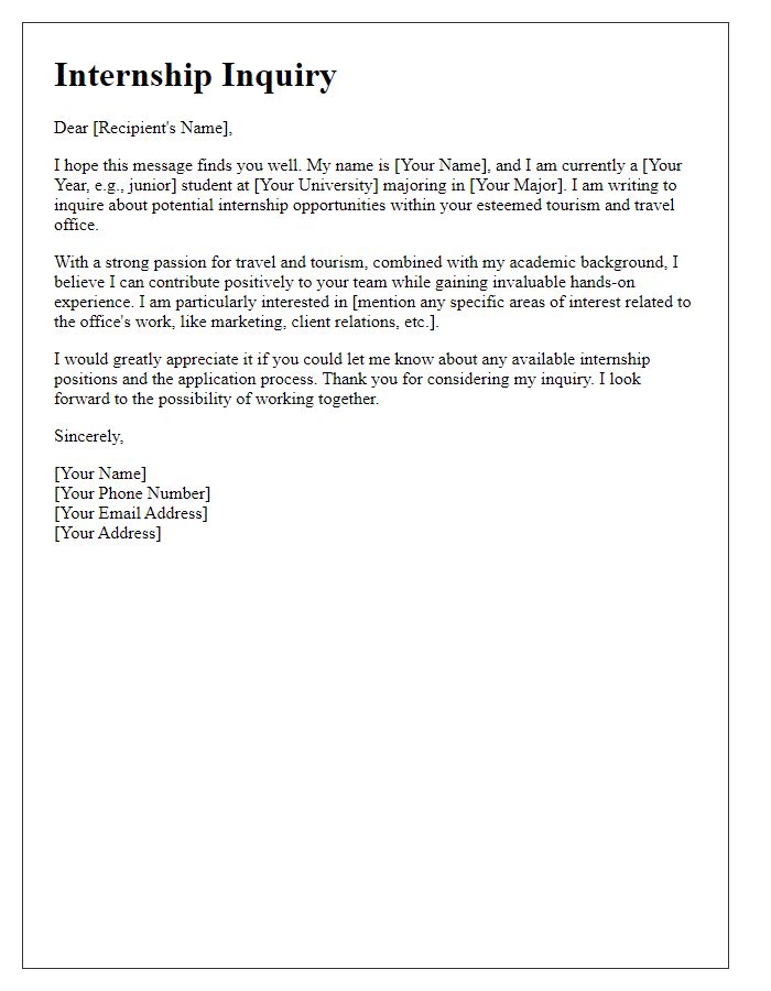 Letter template of internship inquiry for tourism and travel office