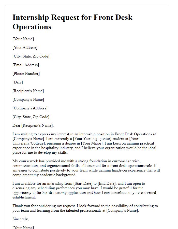 Letter template of internship request for front desk operations