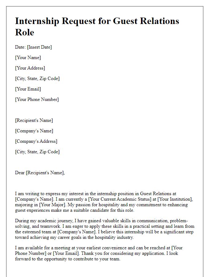 Letter template of internship request for guest relations role