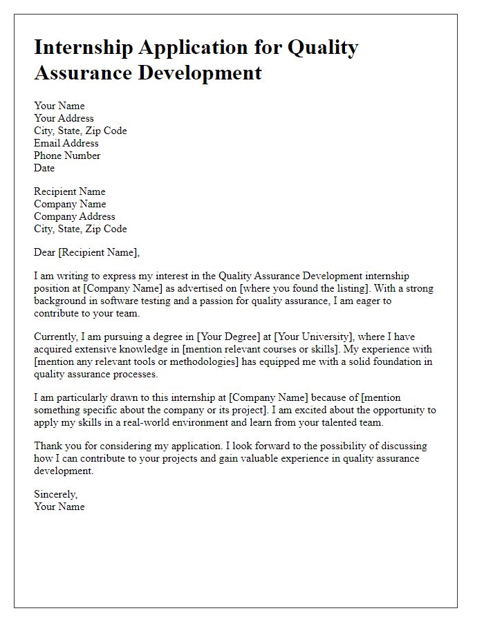 Letter template of internship application in quality assurance development