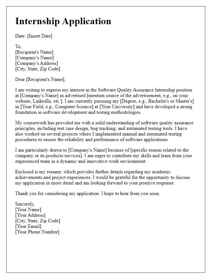 Letter template of internship application in software quality assurance