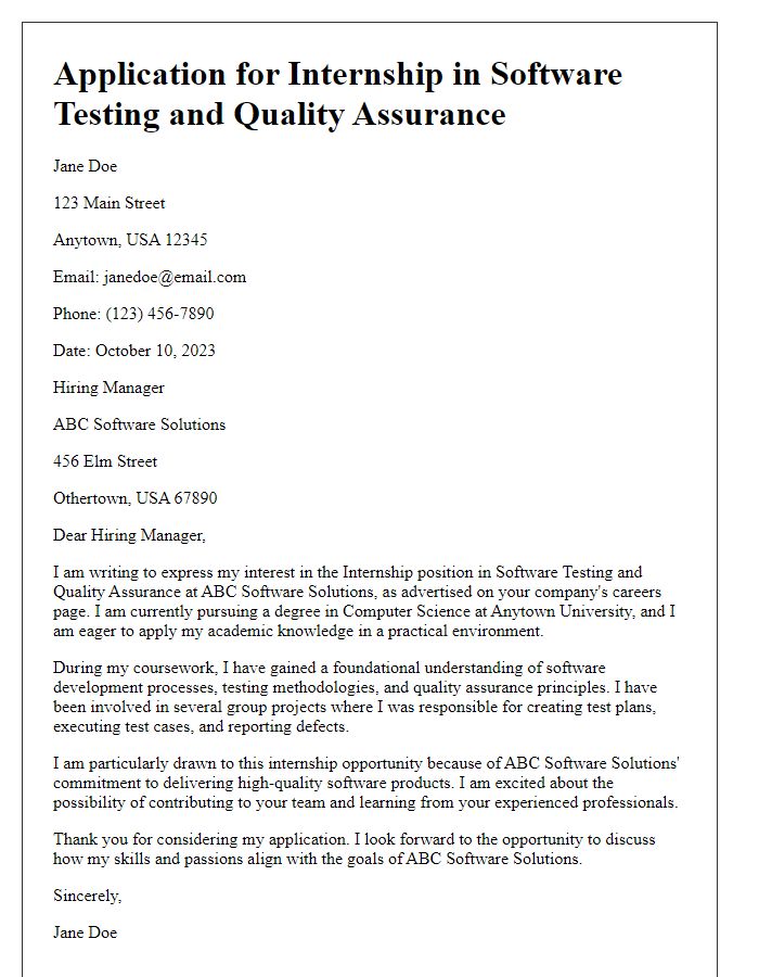 Letter template of internship application in software testing and quality assurance