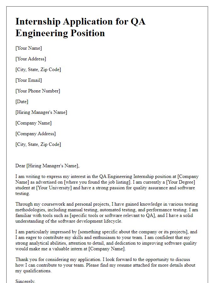 Letter template of internship application for QA engineering