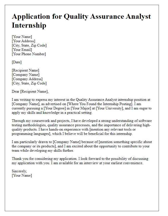 Letter template of internship application for quality assurance analyst