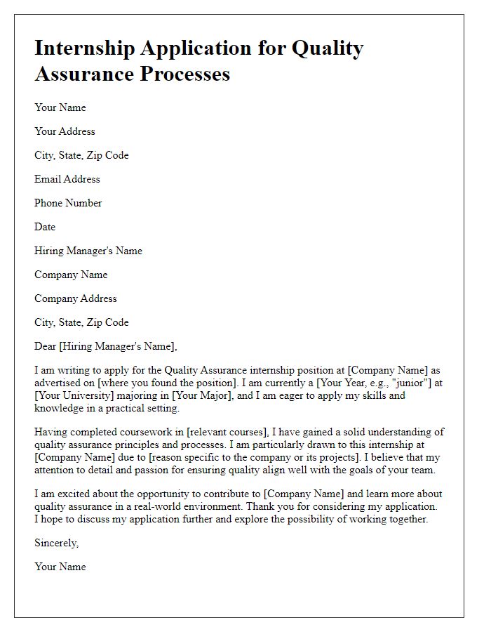 Letter template of internship application for quality assurance processes